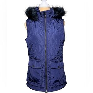 Francesca’s Miami Quilted Navy Blue Vest Faux Fur Hood Detachable S EUC